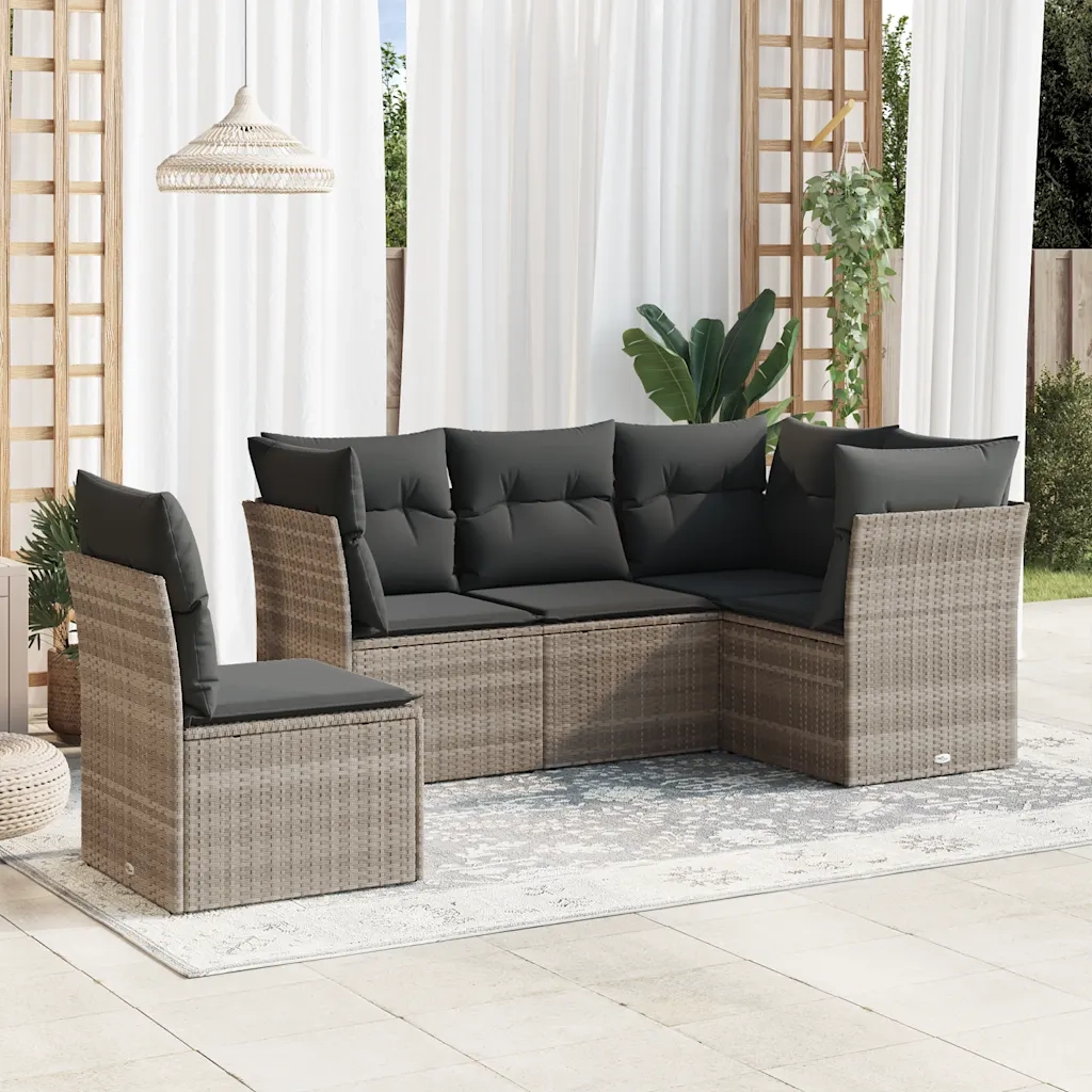 Set Divano da Giardino 5pz | Set Salotto da Giardino con Cuscini Grigio Chiaro Polyrattan