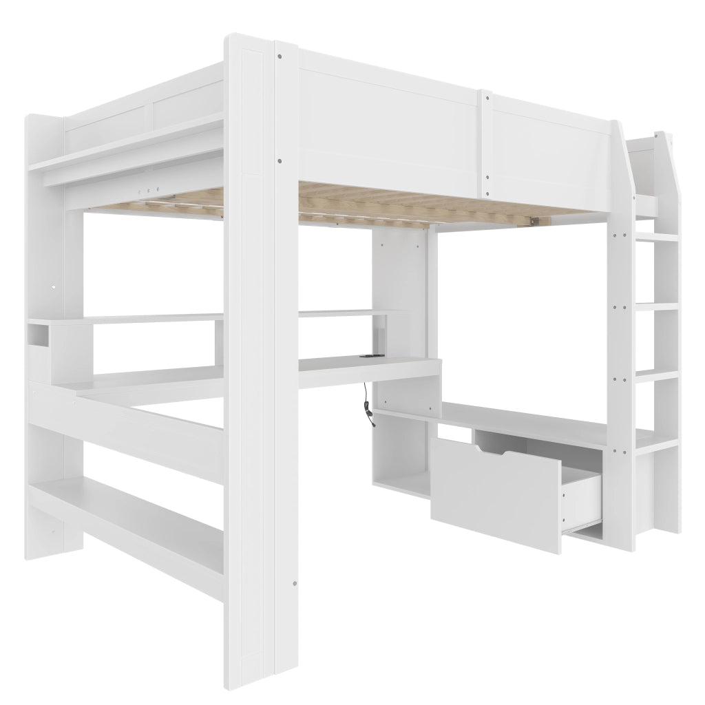 Hochbett bianco con scrivania funzione gaming in pino 140x200 cm