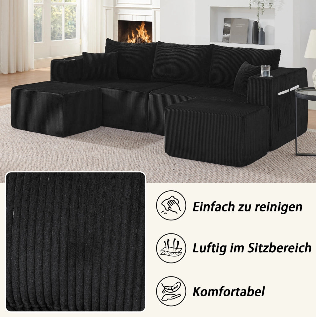 Divano angolare modulare 3 posti con 2 pouf mobili; portabicchieri e tasche; nero