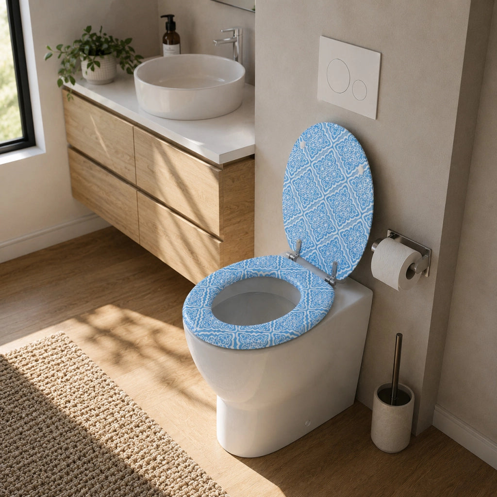 Sedile Copriwater Universale MDF Stampa Maiolica Blu Bianca 43x38 cm 87097