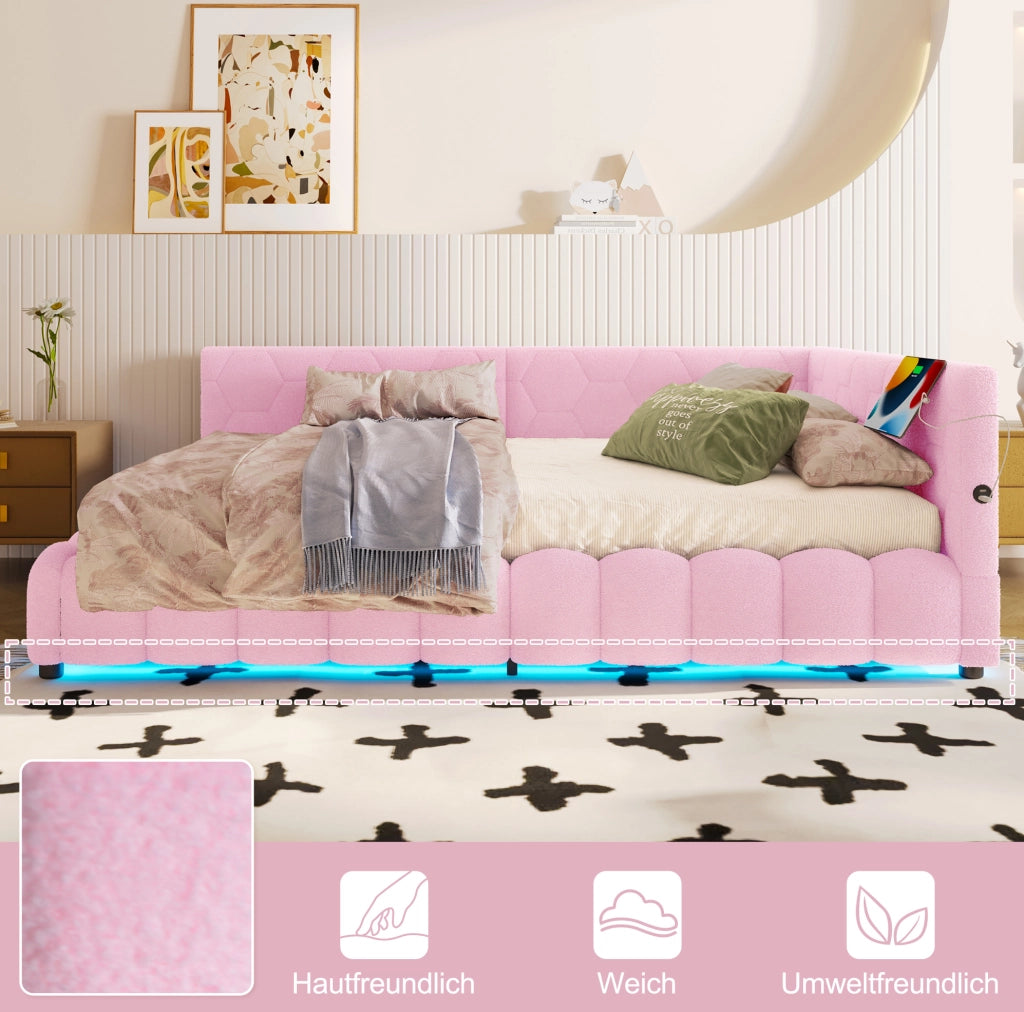LETTO Daybed 140x200 cm Rosa con LED, USB, Tipo-C e vano contenitore
