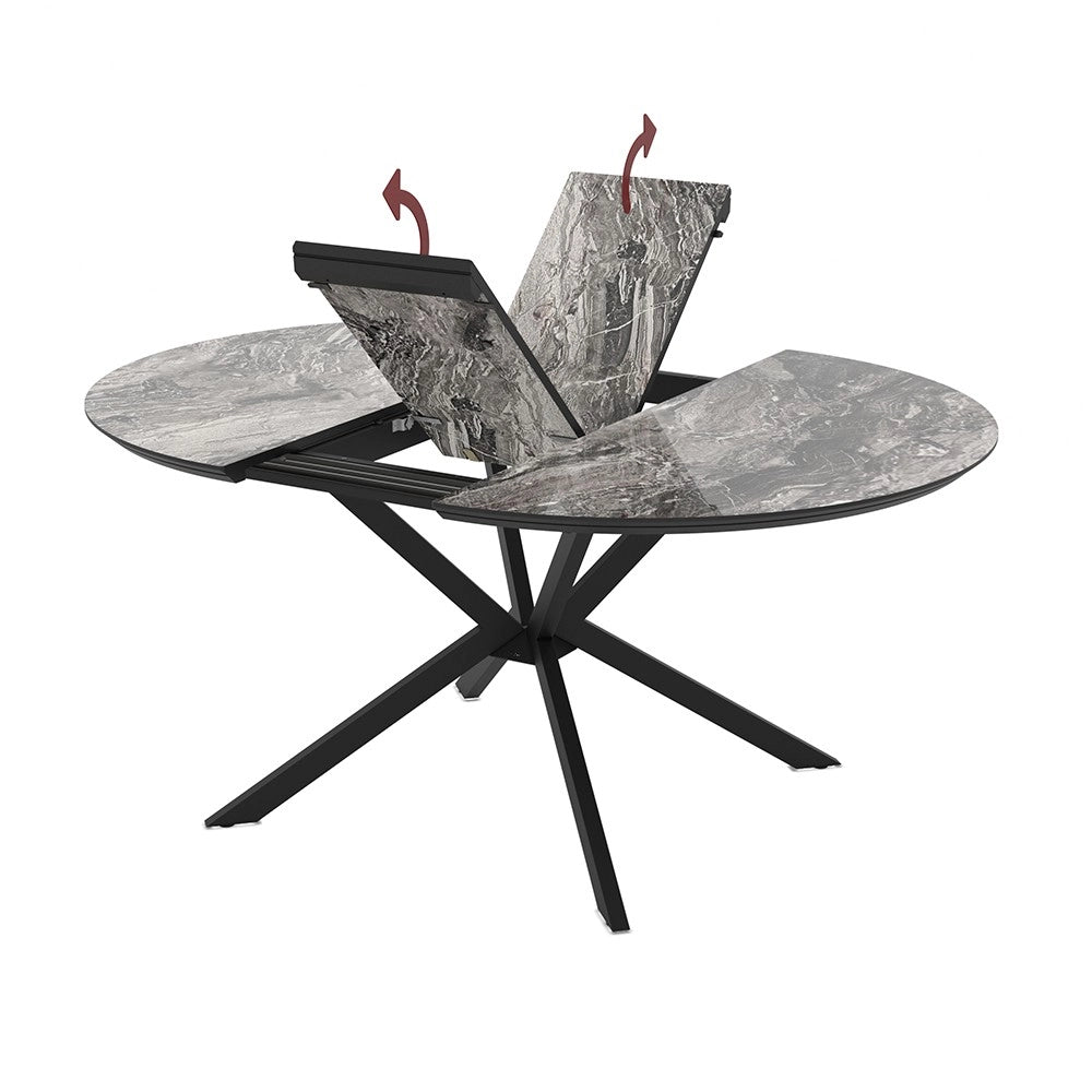 Tavolo rotondo allungabile Dobok piano effetto marmo nero arabesque lucido 126x126x76H