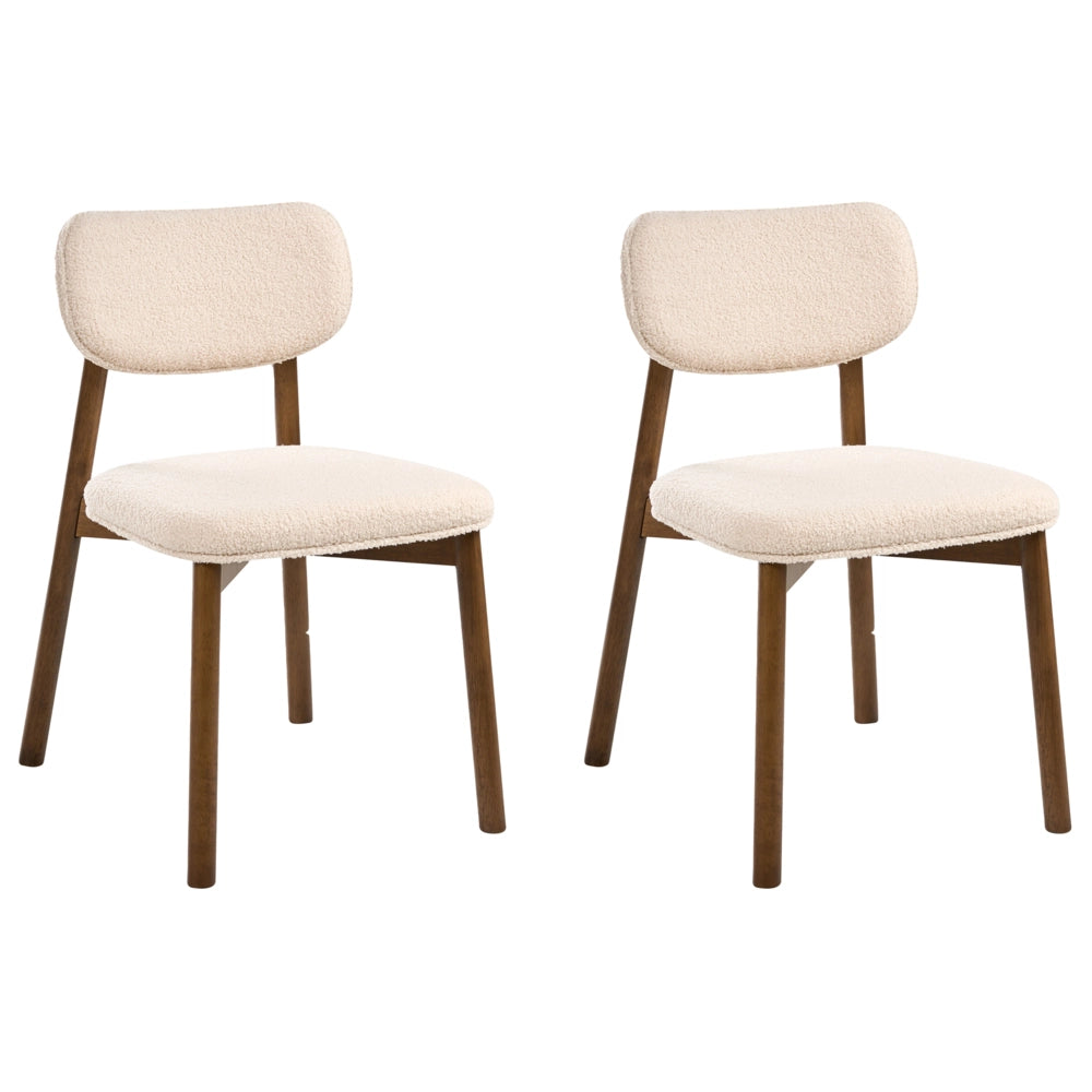 Set di 2 sedie da pranzo marrone e beige chiaro con struttura in legno di gomma bouclé e seduta e schienale imbottiti