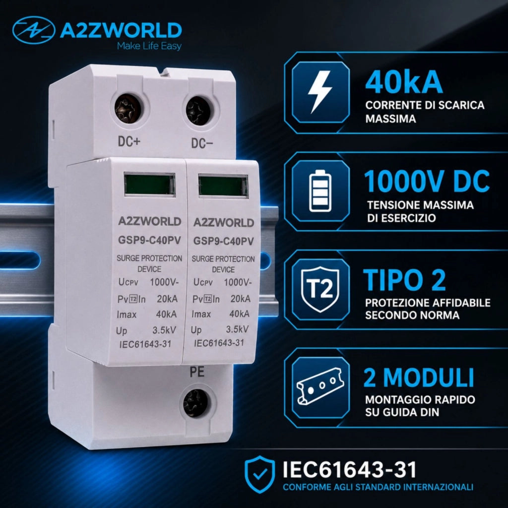 A2ZWORLD SPD Scaricatore di Sovratensione DC 1000V 2P 2M 40kA IP20