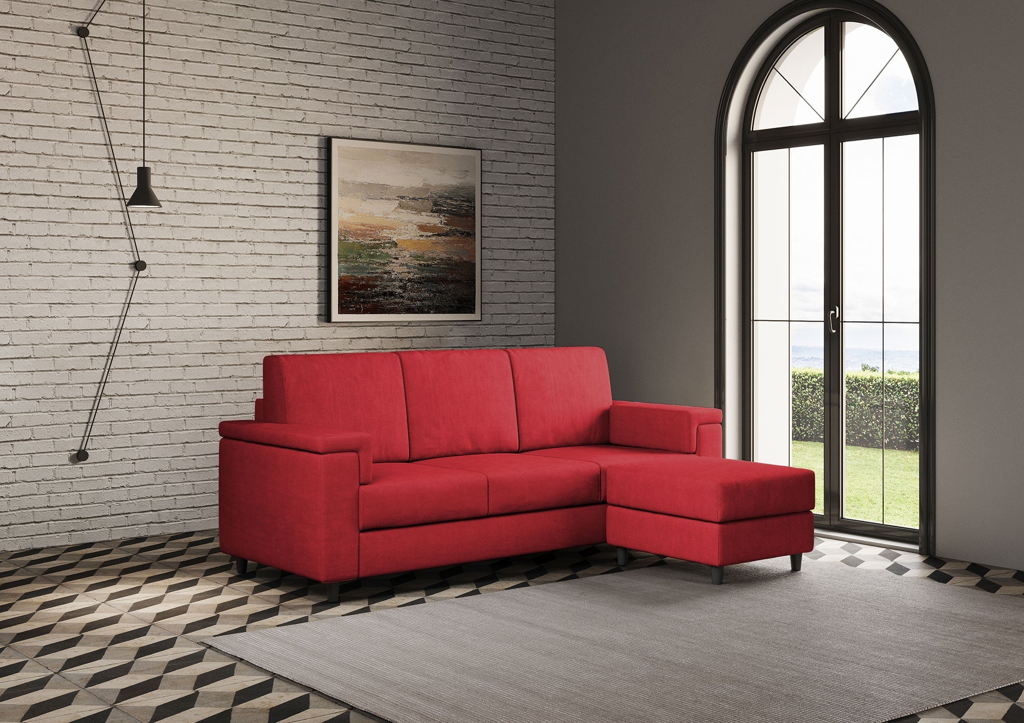 Divano 3 Posti con Pouf 208x155x85 cm Marrak in Tessuto Rosso