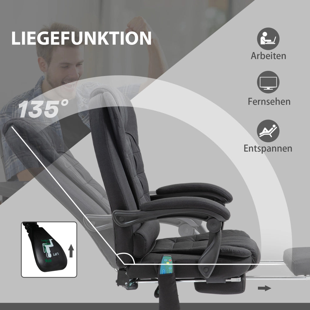Sedia da ufficio massaggiante ergonomica con funzione relax e riscaldamento, reclinabile, poggiapiedi, tessuto nero