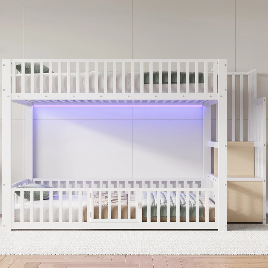 Letto a castello 140 × 200 cm con scala contenitore, LED regolabile, senza materasso, bianco