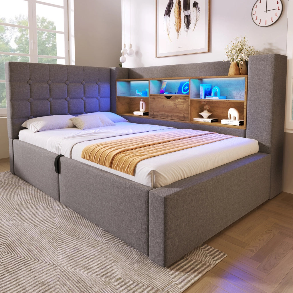 Letto imbottito idraulico con illuminazione a LED 90x200 cm colore grigio lino