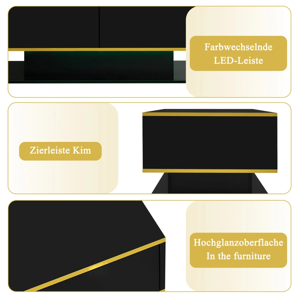 Tavolino da caffè LED nero con 3 cassetti e dettagli dorati