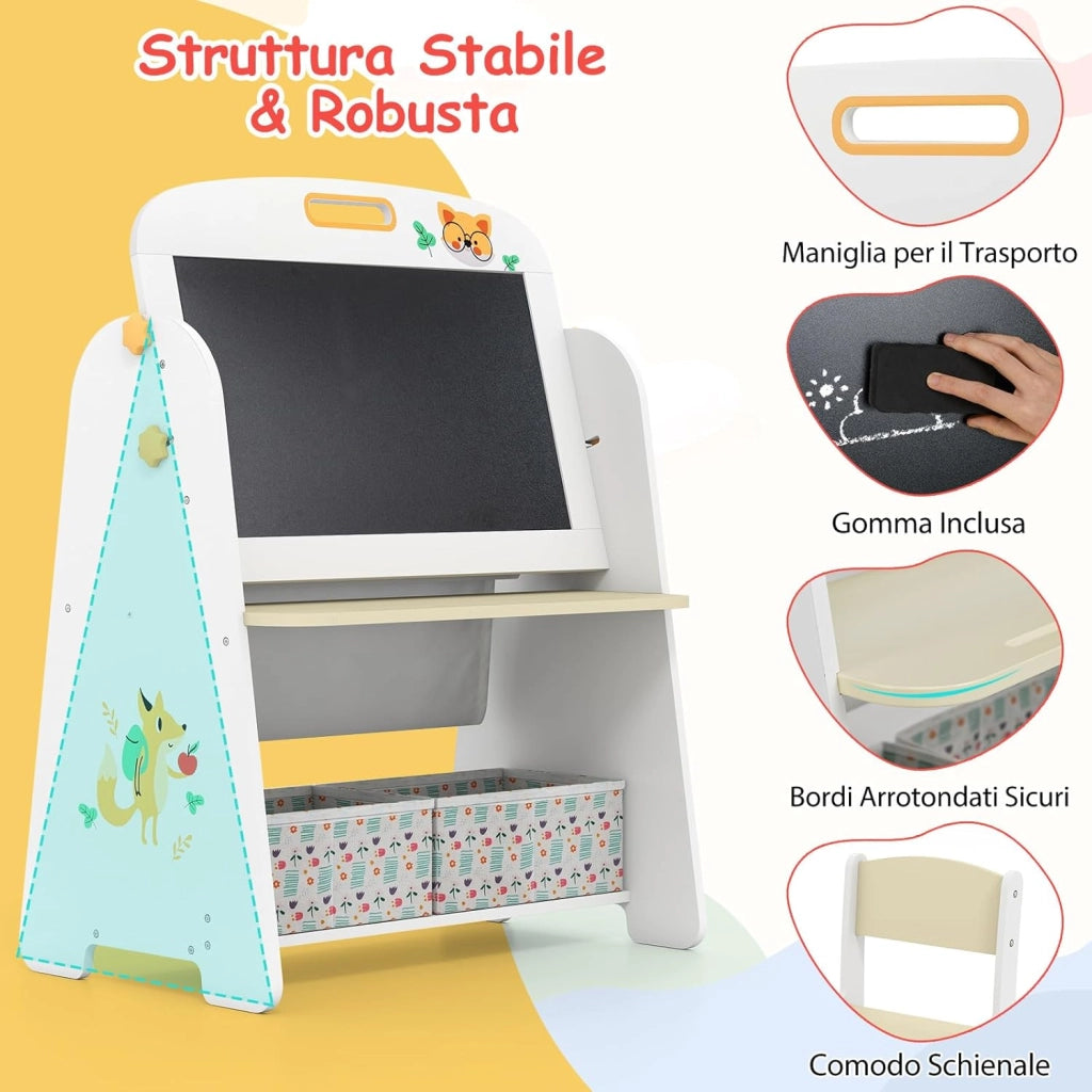 Set Tavolo e Sedia per Bambini, Lavagnetta Cancellabile Bambini con Sedia, Scaffale, 2 Contenitori in Tessuto, Gomma e Gessetti, Tavolino per Cameretta (Naturale)