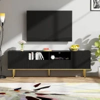 Mobile Porta TV Moderno con Dettagli Dorati, Due Ripiani e Due Cassetti, in Legno di Alta Qualità, 165x36x55 cm, Nero