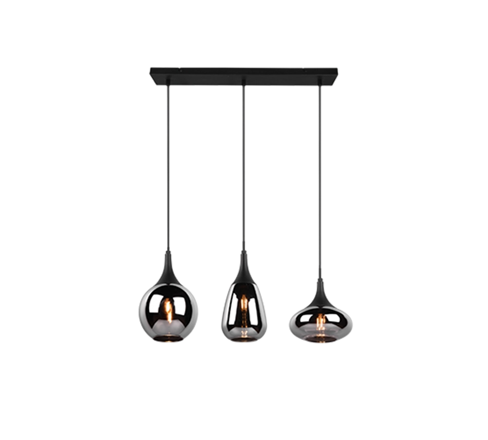 Lampada a sospensione 3 diffusori, metallo, nero e fumé, L 68 cm, Lumina