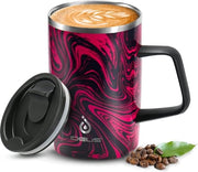 Caffè e Tè 470 ml (16 oz), cappuccino a doppia parete in acciaio inox con isolamento a vuoto, manico antiscivolo e coperchio a scomparsa con grande capacità (zigrinato rosso)