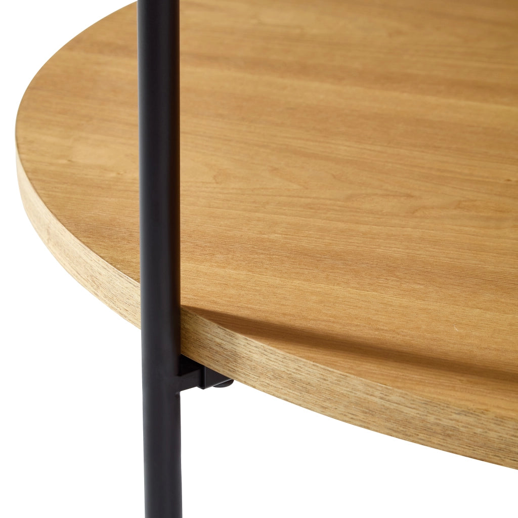 Tavolino basso rotondo con 2 ripiani, design moderno, in legno massello e MDF, naturale, per soggiorno, 69 × 69 × 38 cm