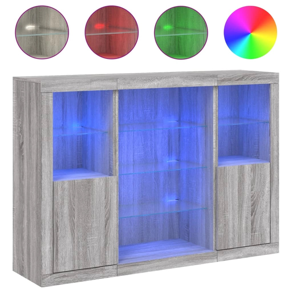Buffet credenza cassettiera armadio mobile contenitore organizer per cucina soggiorno salotto con luci a LED 3 pezzi legno ingegnerizzato Sonoma grigio 02_0037235