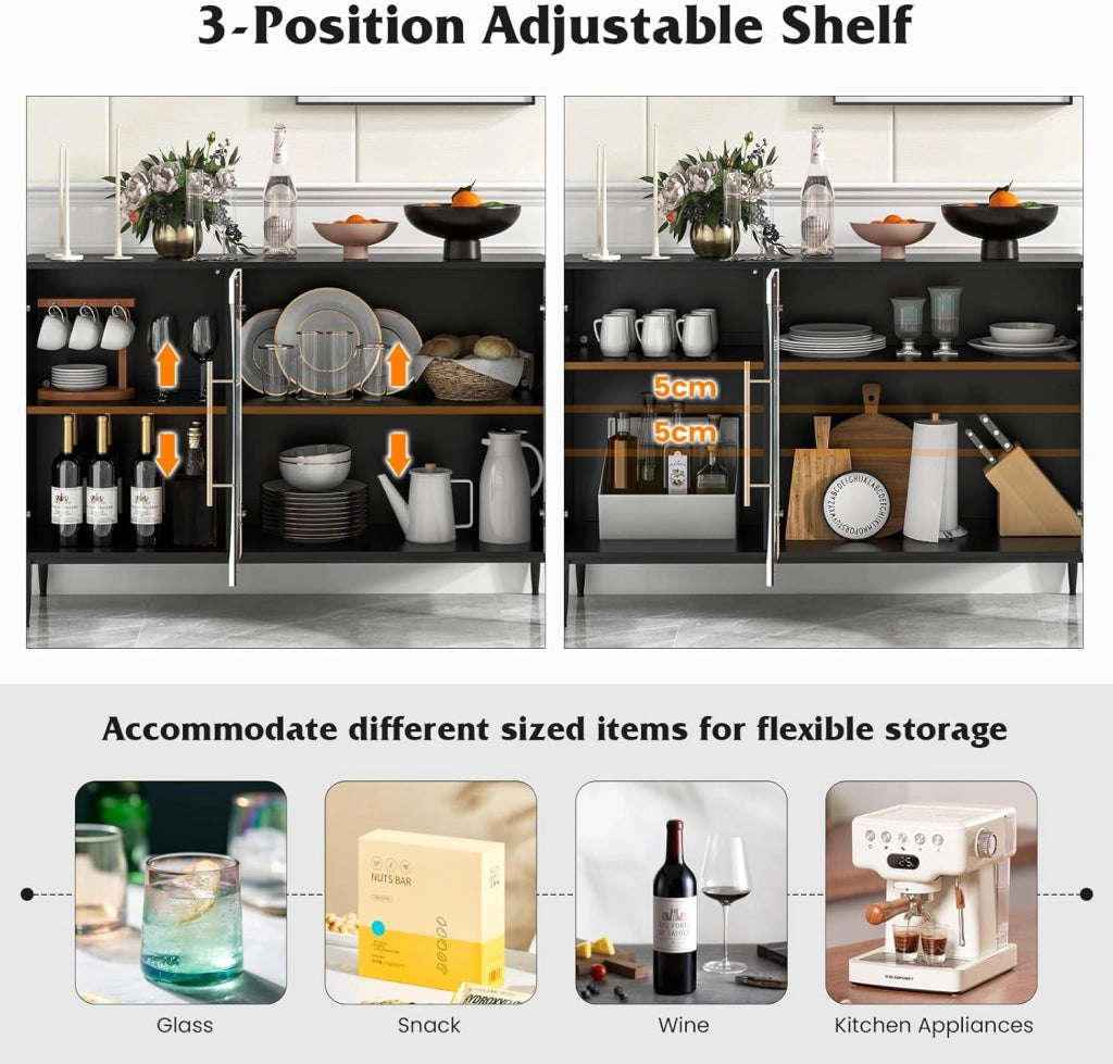 Mobile Buffet, Tavolo Credenza da Cucina con 2 Ripiani Regolabili, 3 Ante e Gambe in Metallo Sollevate, Mobile Bar da 120 cm per Soggiorno, Cucina, Sala da Pranzo, Ingresso, Bianco e Nero