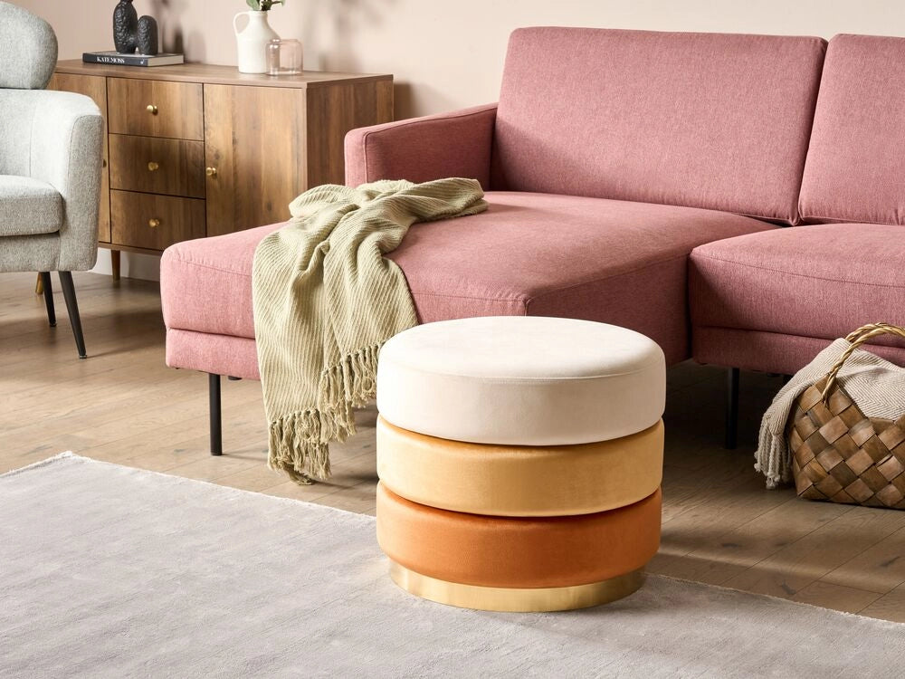 Pouf in tessuto di velluto di colore arancione rotondo con base in oro glamour stile moderno