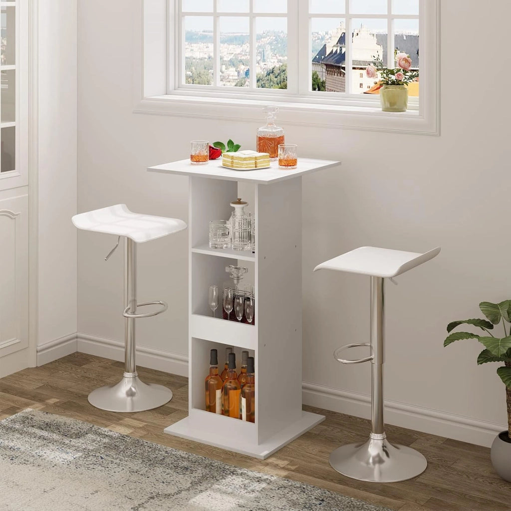 Tavolo da Bar Quadrato, Tavolino Alto e Stretto con 3 Ripiani, Tavolo Alto Cucina, Sala da Pranzo, Bistrot, in Truciolare, 60x60x109 cm, Bianco