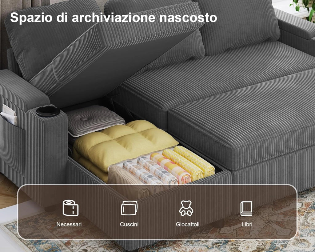 Divano Letto Chaise Longue a Forma di L, Divano da Salotto Cheslong a 3 Posti Convertibile in Letto, con Contenitore Integrato e Portabicchieri, Tessuto Morbido Beige Grigio Scuro