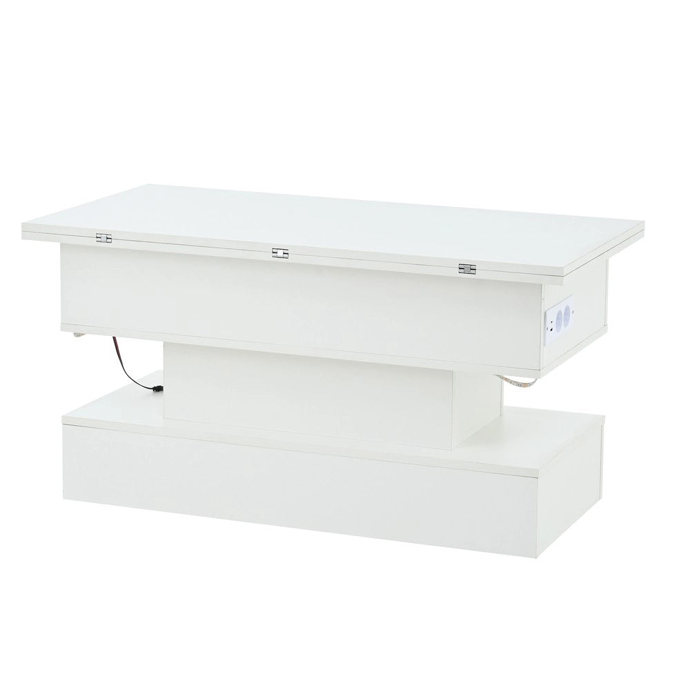 Tavolino da Caff¨¨ con LED e Presa USB ¨C MINIMAL ¨C Bianco, Piano Alzabile, 100x50x51.5