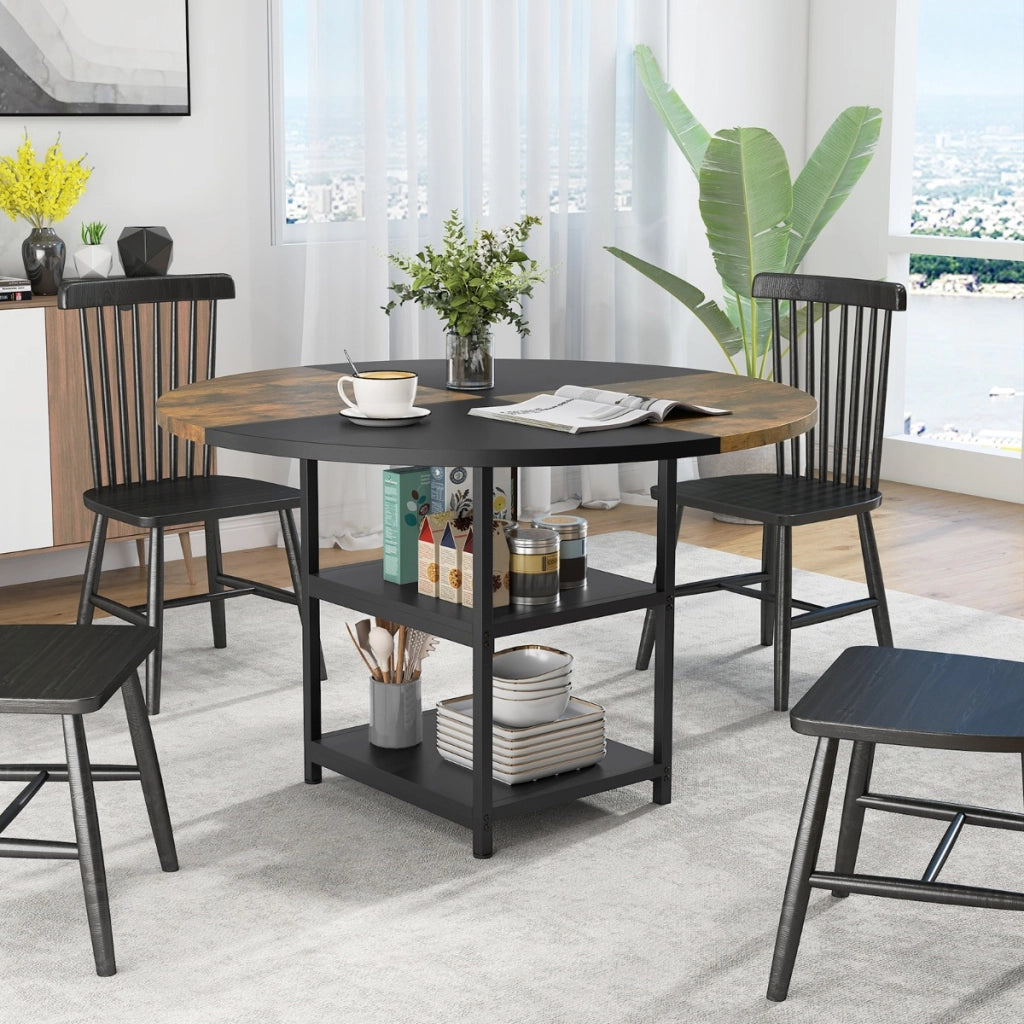 Tavolo da pranzo rotondo da cucina in legno diametro design bicolore a blocchi-Tavolo ripiani portaoggetti e gambe in metallo