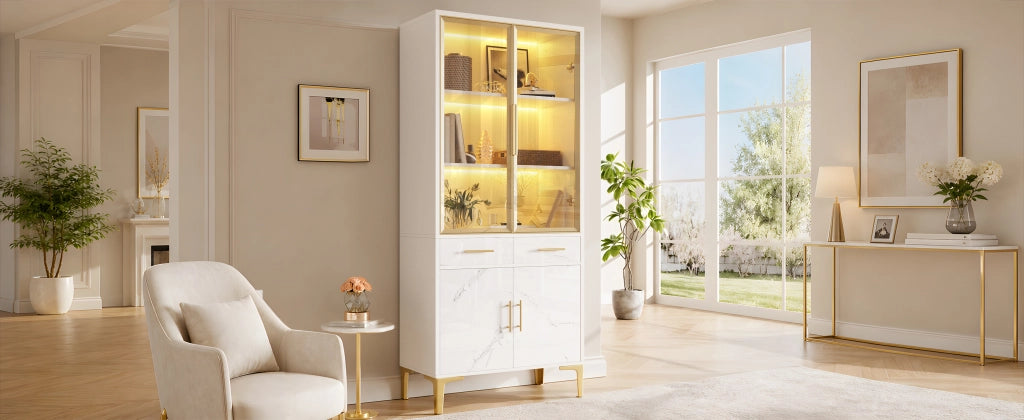 Vetrina con 2 ante in vetro, LED APP, 2 cassetti e ripiani, per soggiorno e sala da pranzo, bianco, 75 × 38 × 170 cm