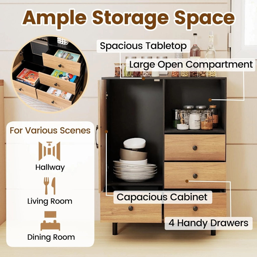 Credenza da Cucina con Ante e Cassetti, Mobile Cucina Dispensa con Gambe in Metallo, Mobile Buffet per Soggiorno, Sala da Pranzo, Corridoio, 80 x 45,5 x 97,5 cm (Nero)