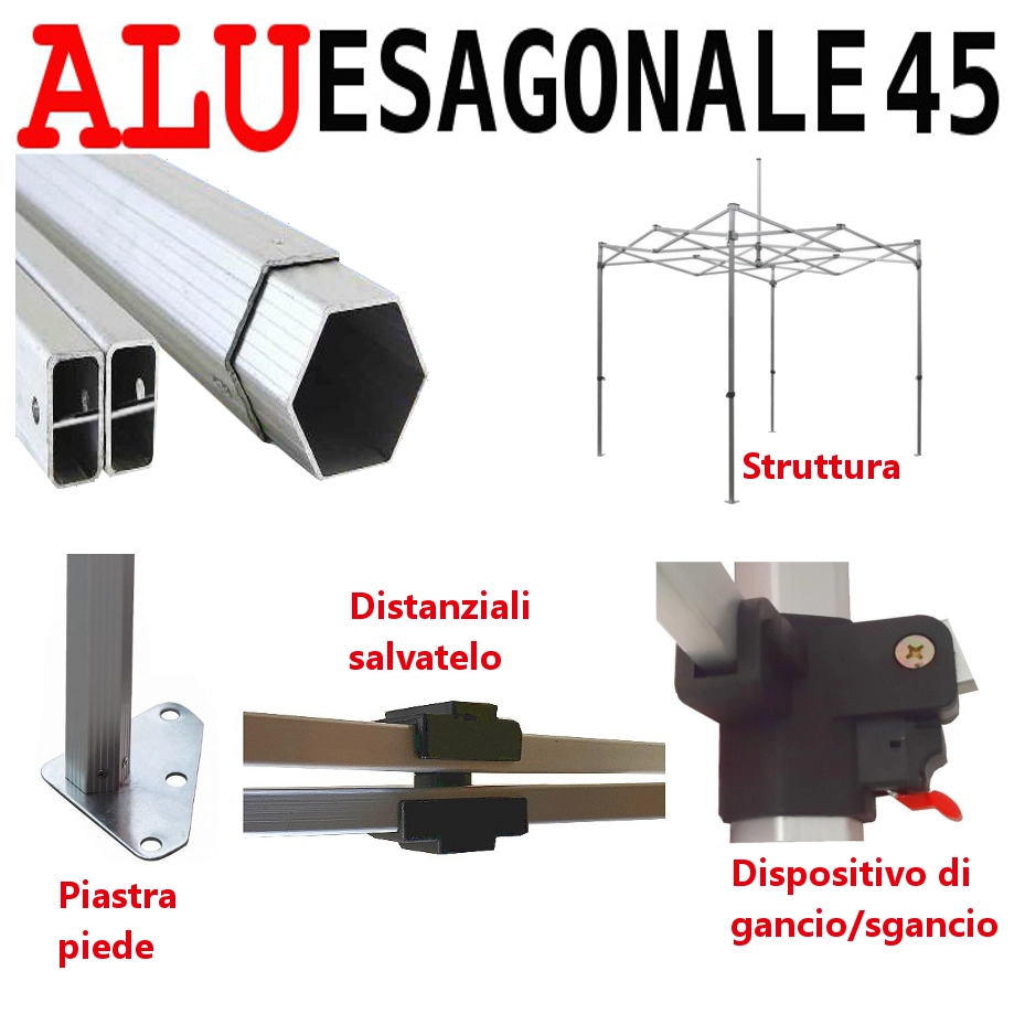 Gazebo 3x3 m bianco SENZA laterali pieghevole alluminio piantone esagonale 45mm portatile estendibile richiudibile estensibile acciaio per fiere eventi stand chiosco tenda tendone mercato mercatino    