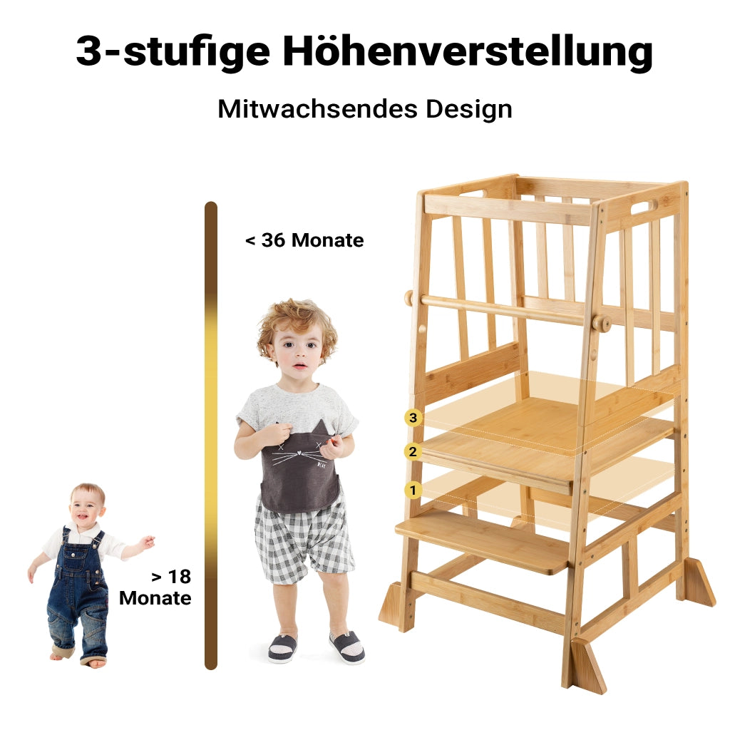 Torre di apprendimento per bambini 57 x 46 x 90 cm in bambù, torretta con ringhiera, sgabello per bambini con barra di protezione