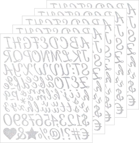 Etichette alfabeto-numeriche argento - 5 fogli - 25 cm - piccolo - autoadesivi - set di etichette vinili - lettere - numeri - busta - bottiglia d'acqua - album di raccolta