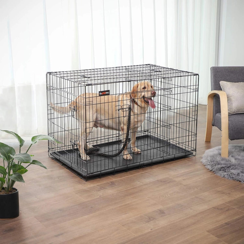 Feandrea Gabbia per Cani Pieghevole, con 2 Porte, Divisorio, Vassoio Rimovibile, 122 x 74,5 x 80,5 cm, XXL, Nero PPD48BK