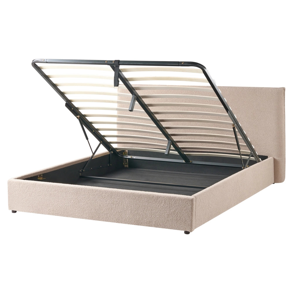 Letto matrimoniale con contenitore in tessuto bouclé tortora con testiera 160 x 200 cm Doghe in legno