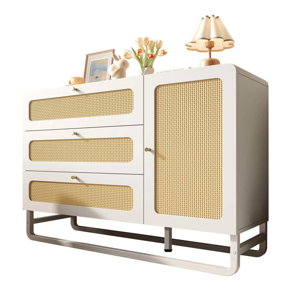 Armadio con Cassetti e Ante ¨C MINIMAL ¨C Bianco, Rattan, 120x85x40 cm