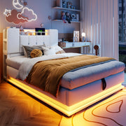 OKWISH Letto Bambino 90×200 cm, Letto Singolo con Contenitore Idraulico, LED e USB, senza Materasso, Imbottito in Tessuto, Beige