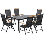 Set di mobili da giardino pieghevoli per 6 persone: 1 tavolo + 6 sedie, rete in alluminio, nero