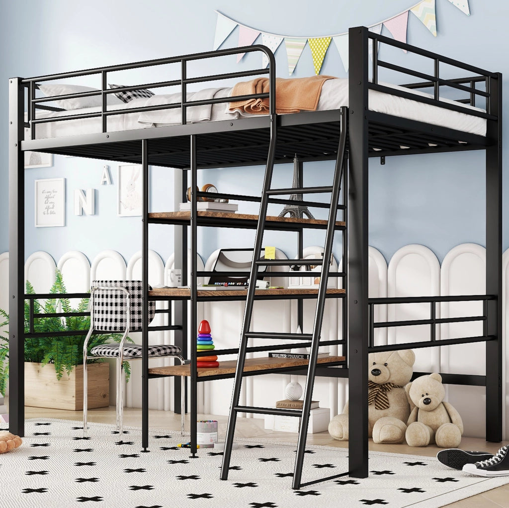Letto a soppalco nero 90x200 cm con scrivania e ripiani