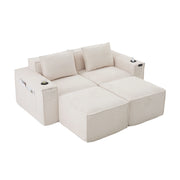 Divano modulare 2 posti con portabicchieri; tasche laterali e cuscini in tessuto a coste beige