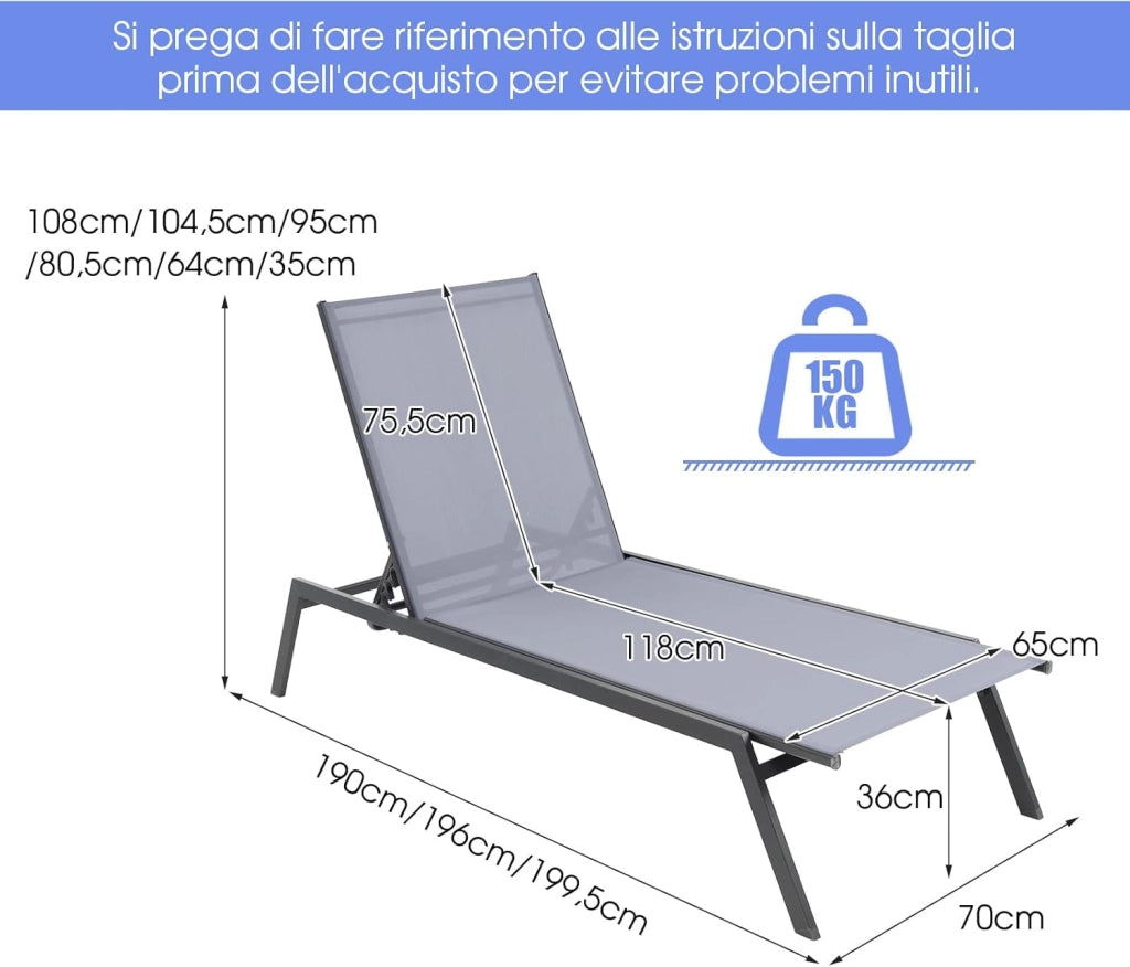 Lettino Prendisole da Giardino, Sedia a Sdraio Regolabile da Giardino, Sedia Reclinabile a 6 Posizioni, Chaise Lounge da Esterno per Piscina, Giardino, Portata 150 kg