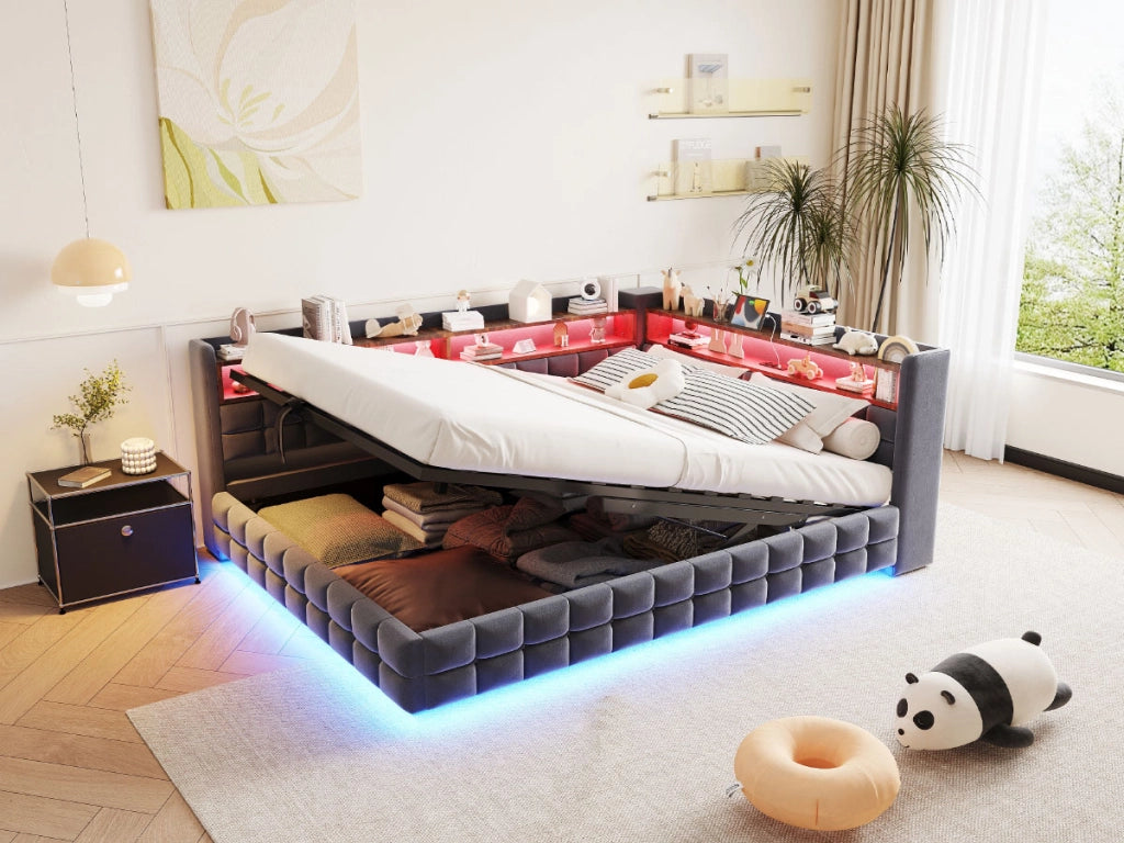 Letto divano 140 × 200 cm con contenitore idraulico, LED, presa USB e Type-C, senza materasso, in velluto grigio