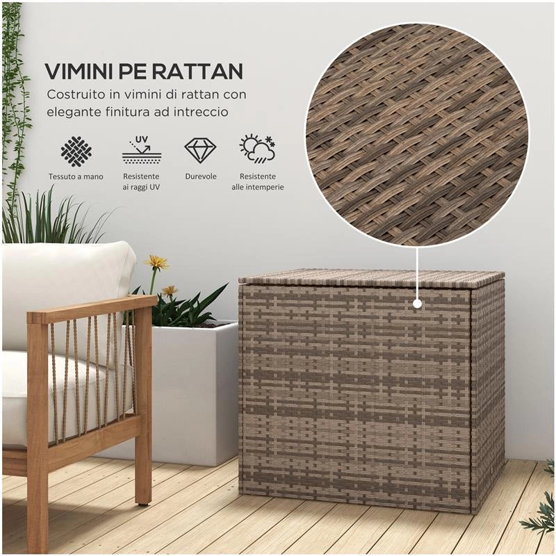 BAULE DA ESTERNO IN RATTAN PE E ACCIAIO CON FODERA INTERNA, 75X75X70 CM, NERO E COLOR SABBIA