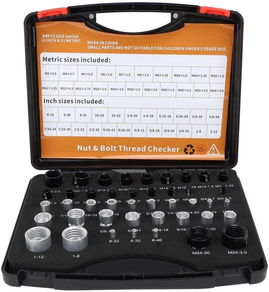 Set a precision di vite e chiodo con controllo del filo - 44 pezzi - portatile e pratico - per viti imperiali e metriche - con guida di inserimento...