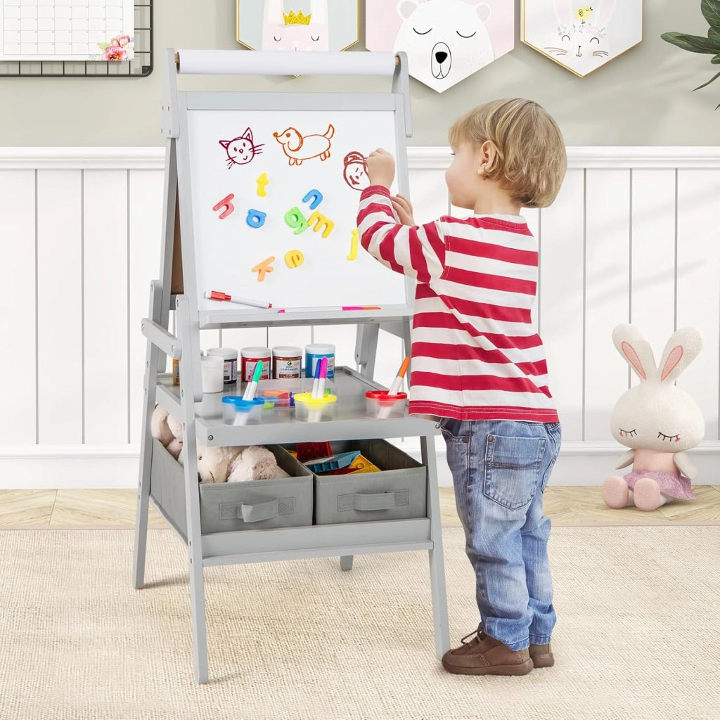 3 in 1 Cavalletto per Bambini, Cavalletto con Doppia Faccia Magnetica e Lavagna Bianca, Rotolo di Carta, 3 Bicchieri per Vernice e 2 Ceste in Tessuto, per Bambini 3-6 Anni (Grigio)