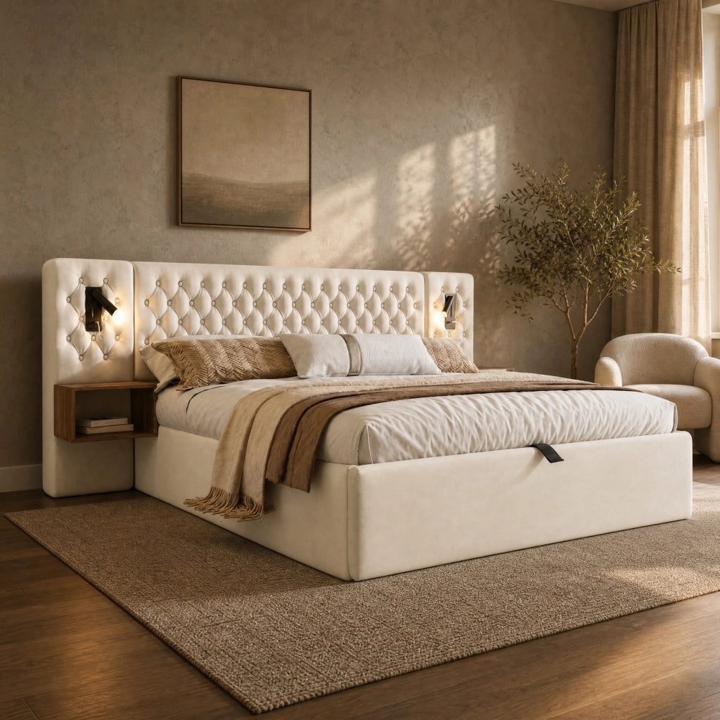 Letto matrimoniale 160x200 cm con contenitore idraulico; 2 comodini; luci lettura e porte USB; beige in velluto