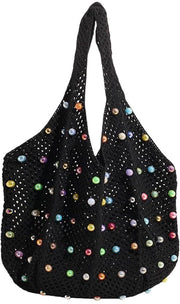Borsa da spiaggia stile boho - materiale a maglia - riutilizzabile - impermeabile - con perle colorate - materiale leggero