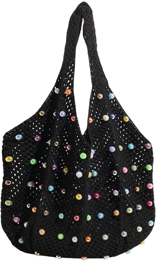 Borsa da spiaggia stile boho - materiale a maglia - riutilizzabile - impermeabile - con perle colorate - materiale leggero