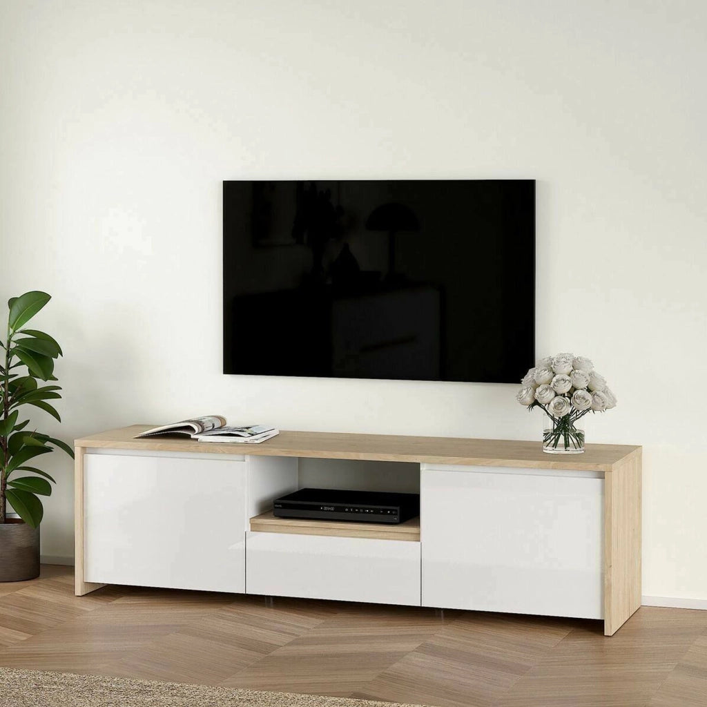 Mobile porta TV Ambivere, Credenza da soggiorno, Armadio basso per TV, Base parete attrezzata, 179x48 h52 cm, Rovere e Bianco lucido