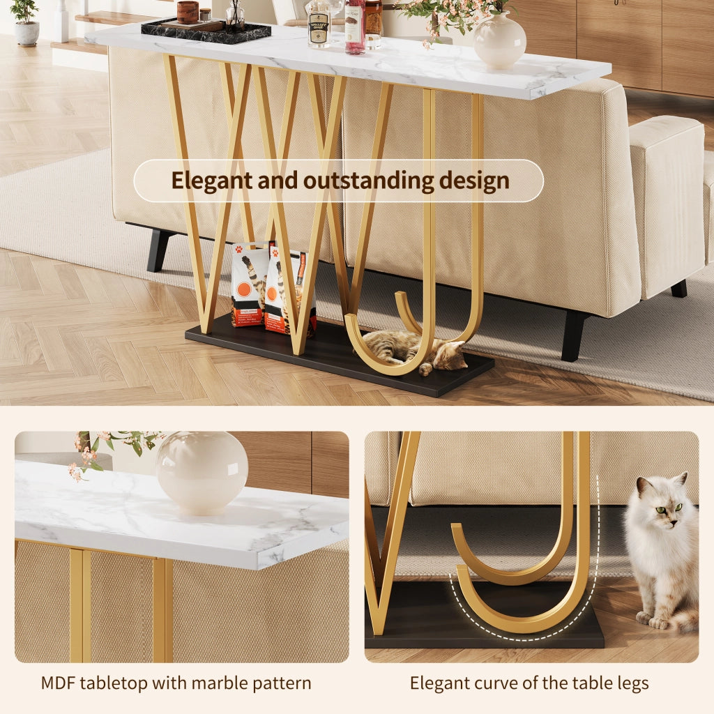 Consolle con piano in MDF effetto marmo, gambe in metallo e base rinforzata, bianca 120 × 29,5 × 80 cm