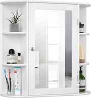 Armadietto Bagno a Parete, Mobiletto Pensile con Ante di Specchio, 6 Scomparti Laterali e 4 Ripiani di Stoccaggio, 3 Colori Disponibili, 66x16,5x63cm (Bianco)