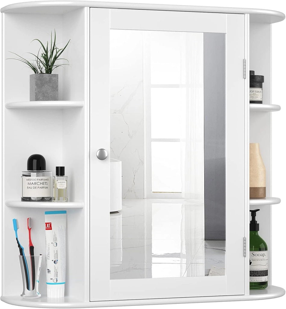 Armadietto Bagno a Parete, Mobiletto Pensile con Ante di Specchio, 6 Scomparti Laterali e 4 Ripiani di Stoccaggio, 3 Colori Disponibili, 66x16,5x63cm (Bianco)