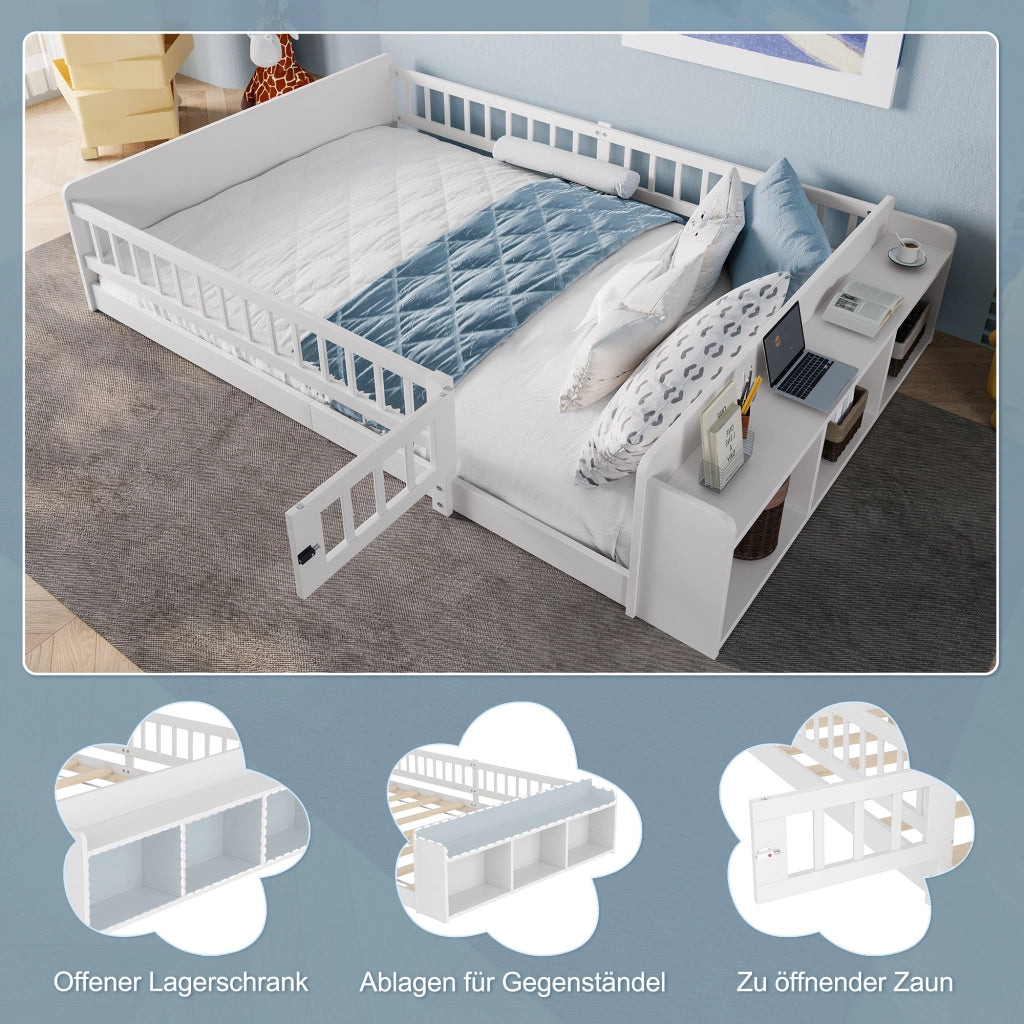 Letto per bambini bianco in pino con spazio di stoccaggio aperto e cassetti integrati 140x200 cm